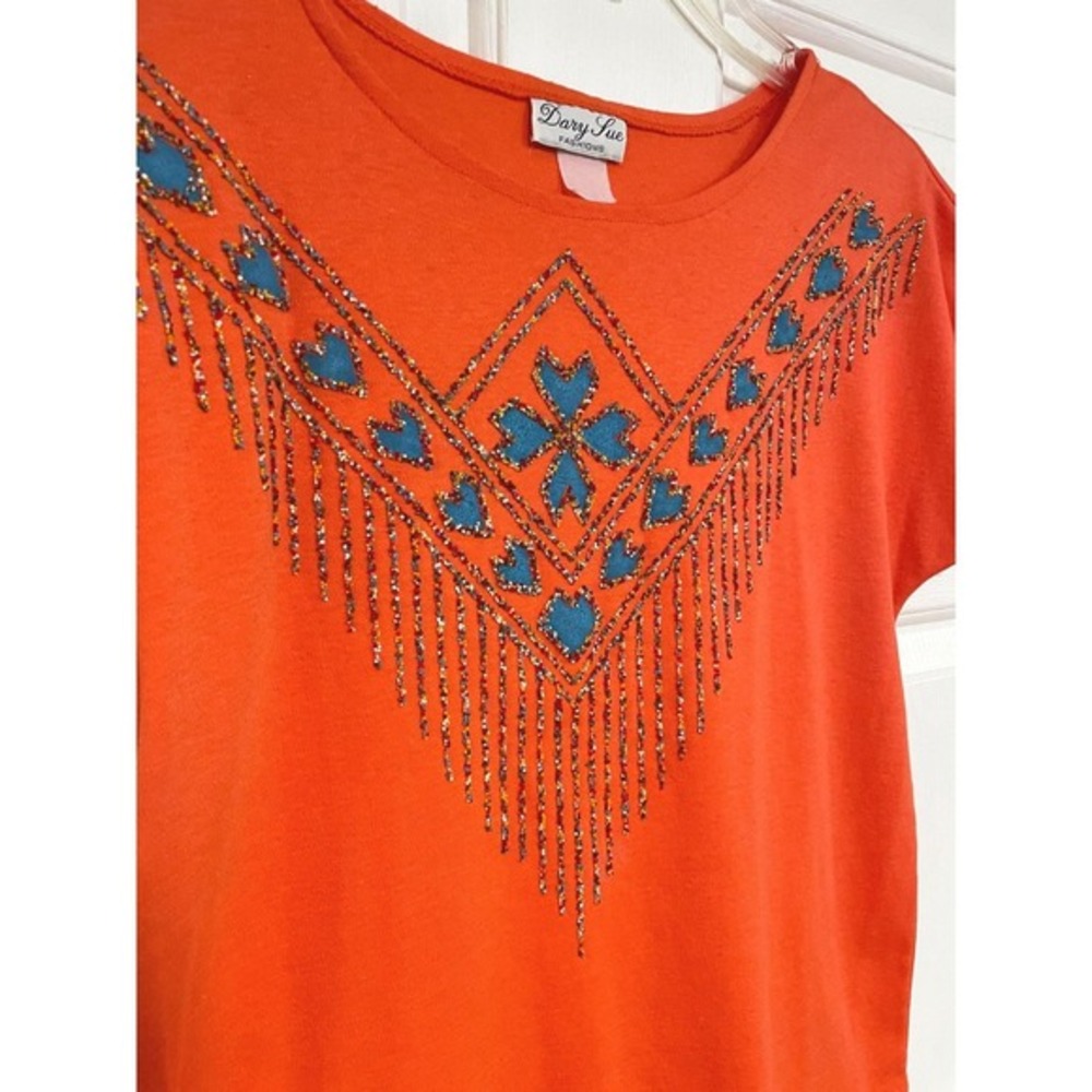 VTG 80s Dary Sue Orange Blue Stone Embellished Beaded Top Short Sleeves Womens M